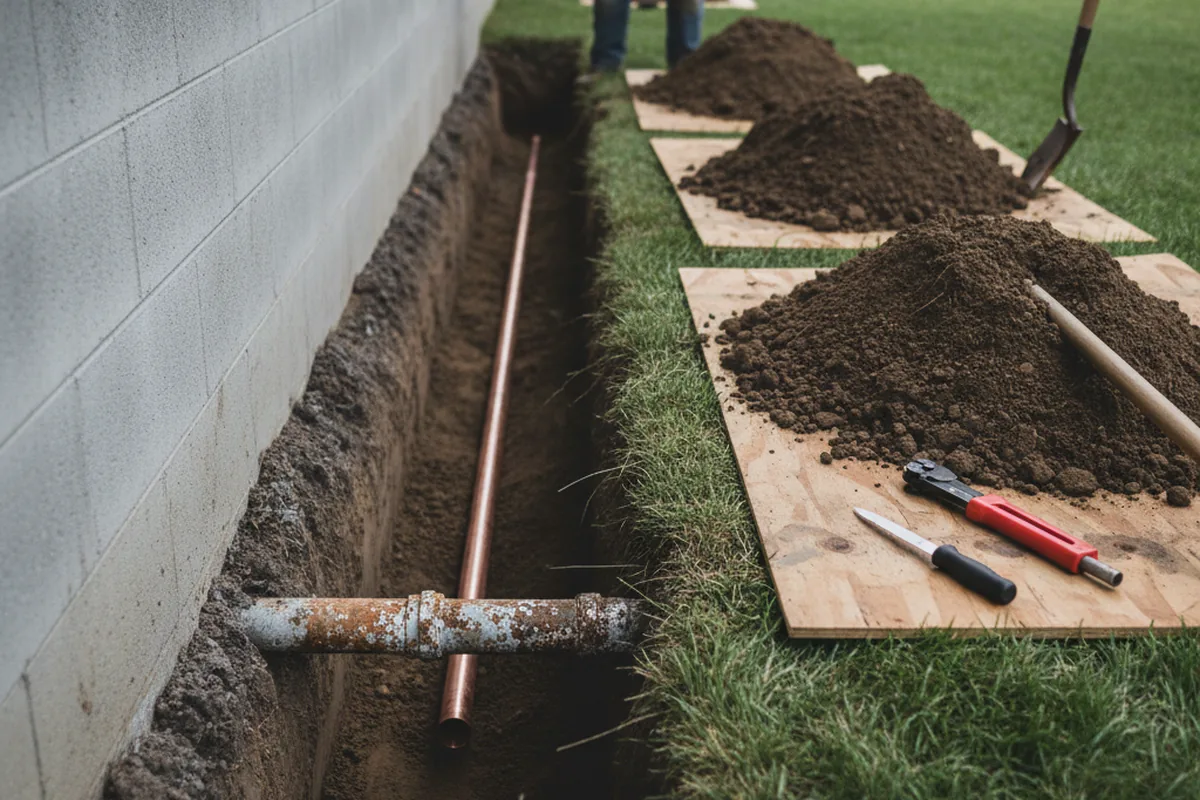 Excavated water line trench during Water Heater Repair in Taylors Island